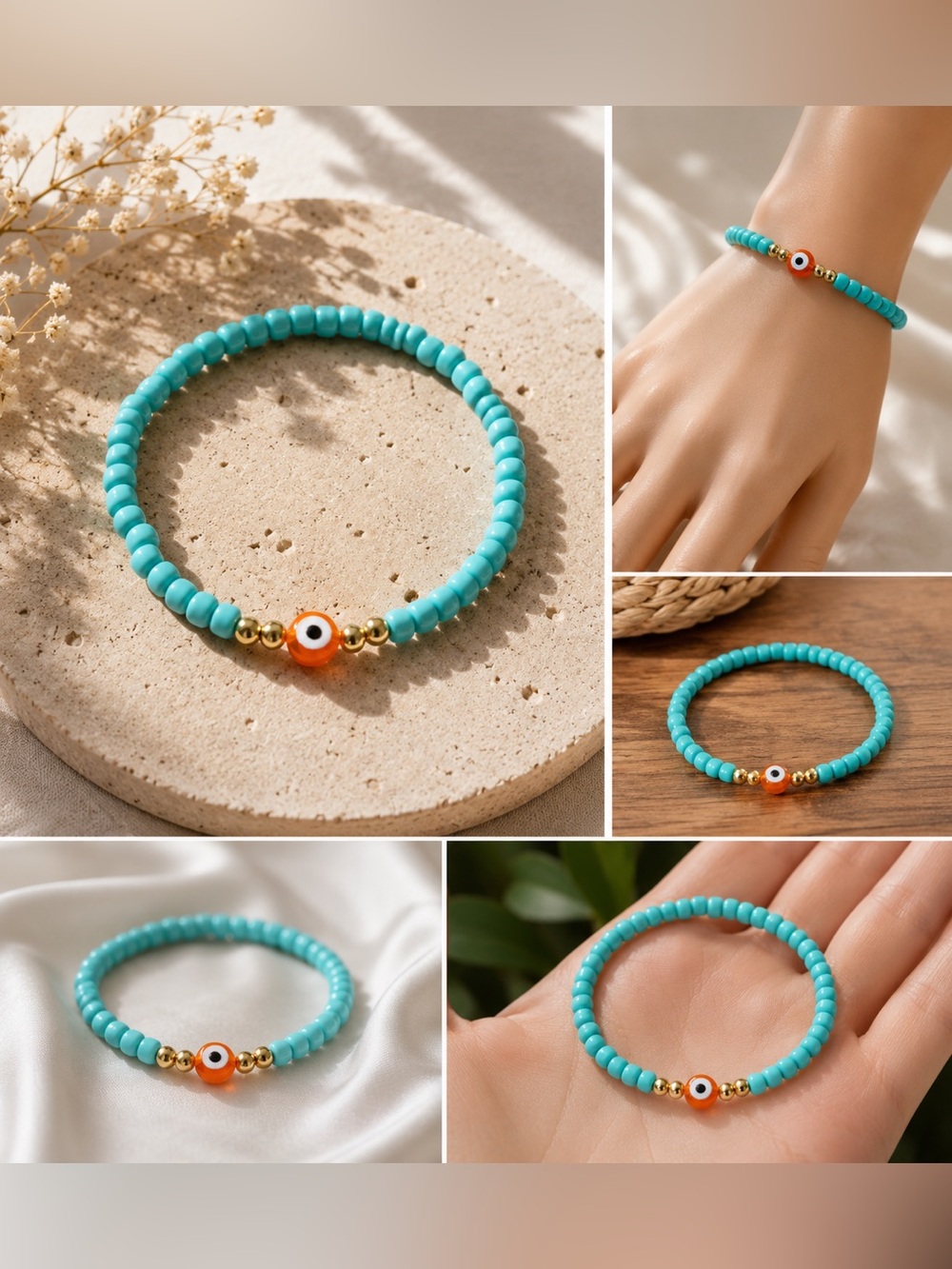 Turquoise Bead Evil Eye Stretch Bracelet - Gold Accents #22